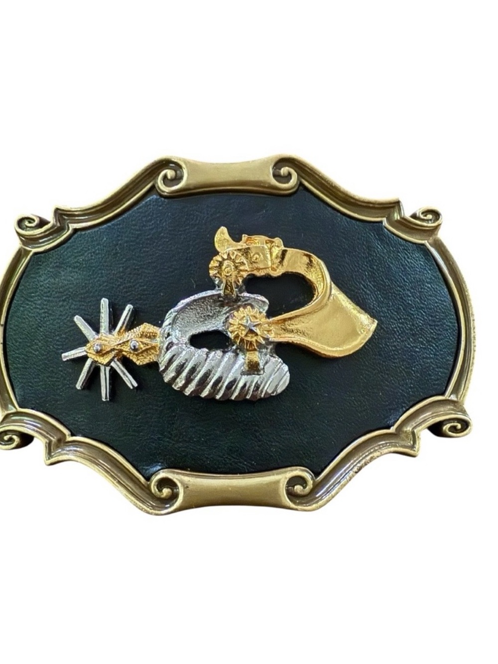 Vintage 1978 Western Rowelled Spur Belt Buckle Brass and Leather Raintree USA